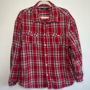 Fashion Nova Men Red White Black Plaid Long Sleeve Button Up Shirt Size L Large